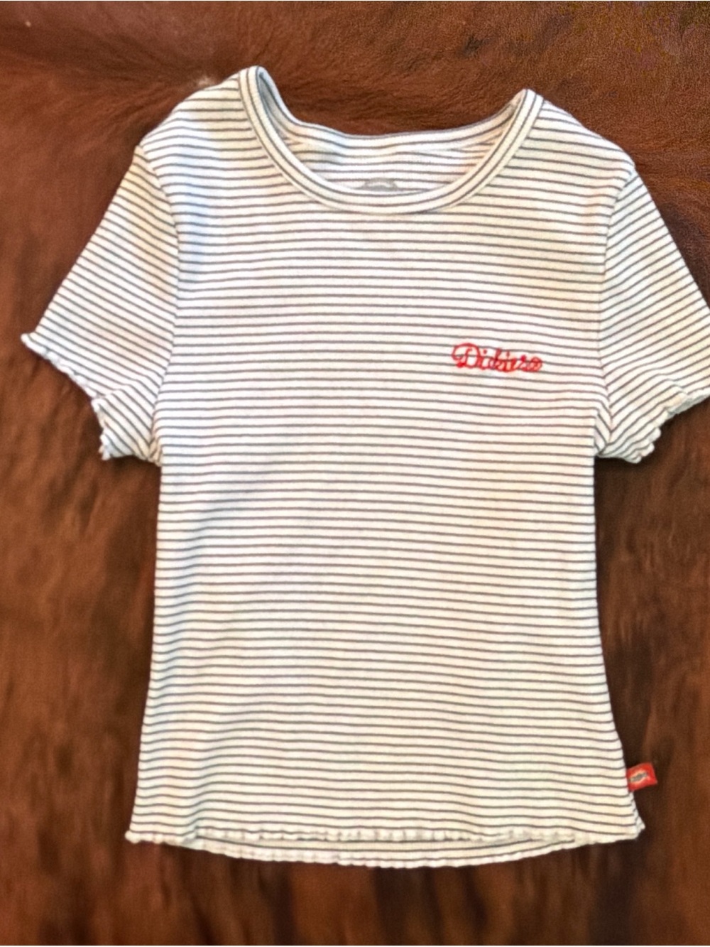 Dickies White Tee with Navy Stripes and Red Script Logo